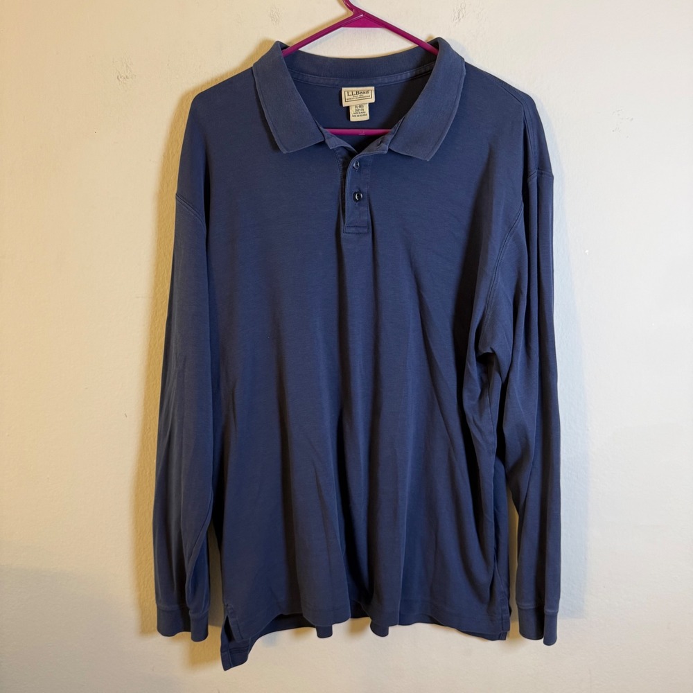 LL Bean Mens XL Long‎ Sleeve Polo Shirt Navy Blue 100% Pima Cotton 262175